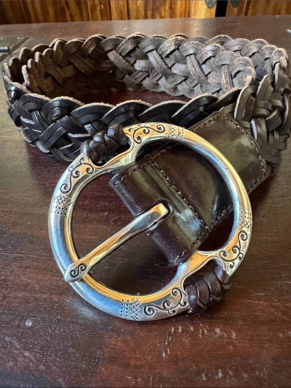 Braided Leather Women’s Belt in Dark Brown with Decorative Silver Buckle